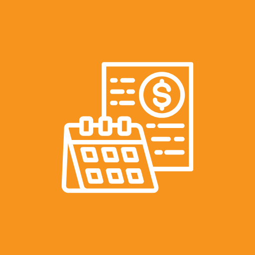 Icono de calendario con un documento que tiene un signo de dólar. Fondo naranja.